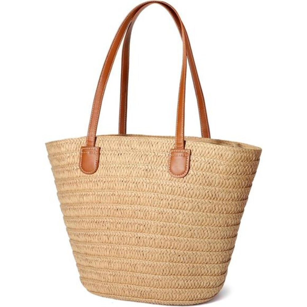 Women Khaki Straw Beach Bag‎ Crossbody Shoulder Vacation Purse for Summer